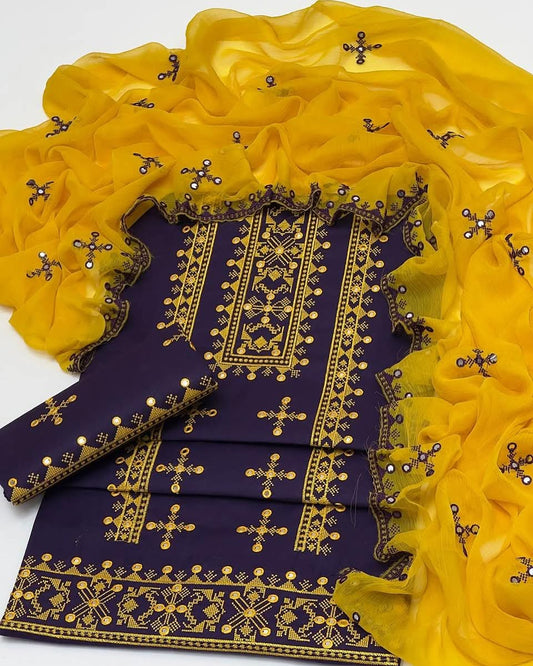 CROSS STITCH EMBROIDERY  LAWN 3 PC SUIT WITH EMBROIDED CHIFFON DUPATTA