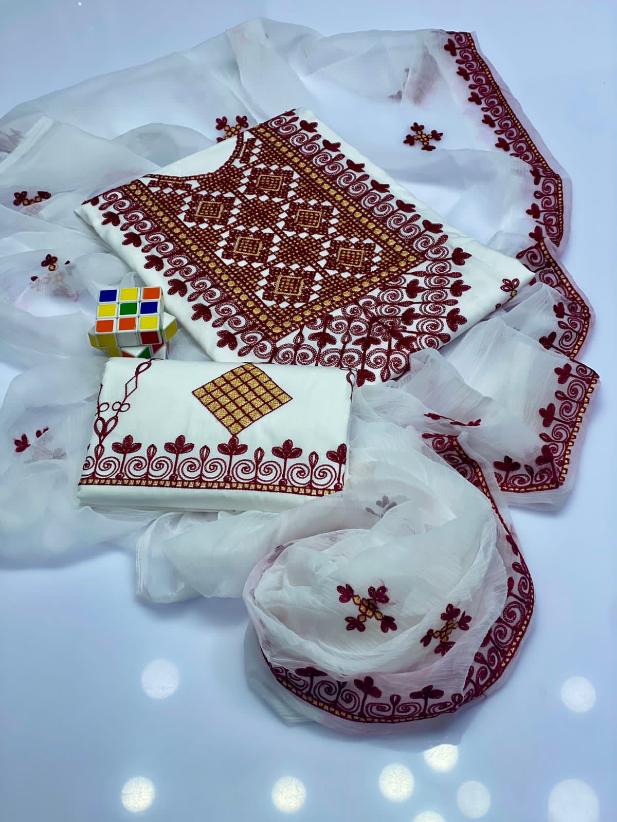 3pc suit cross stitch embroidery suit with chiffon embroidery dupatta