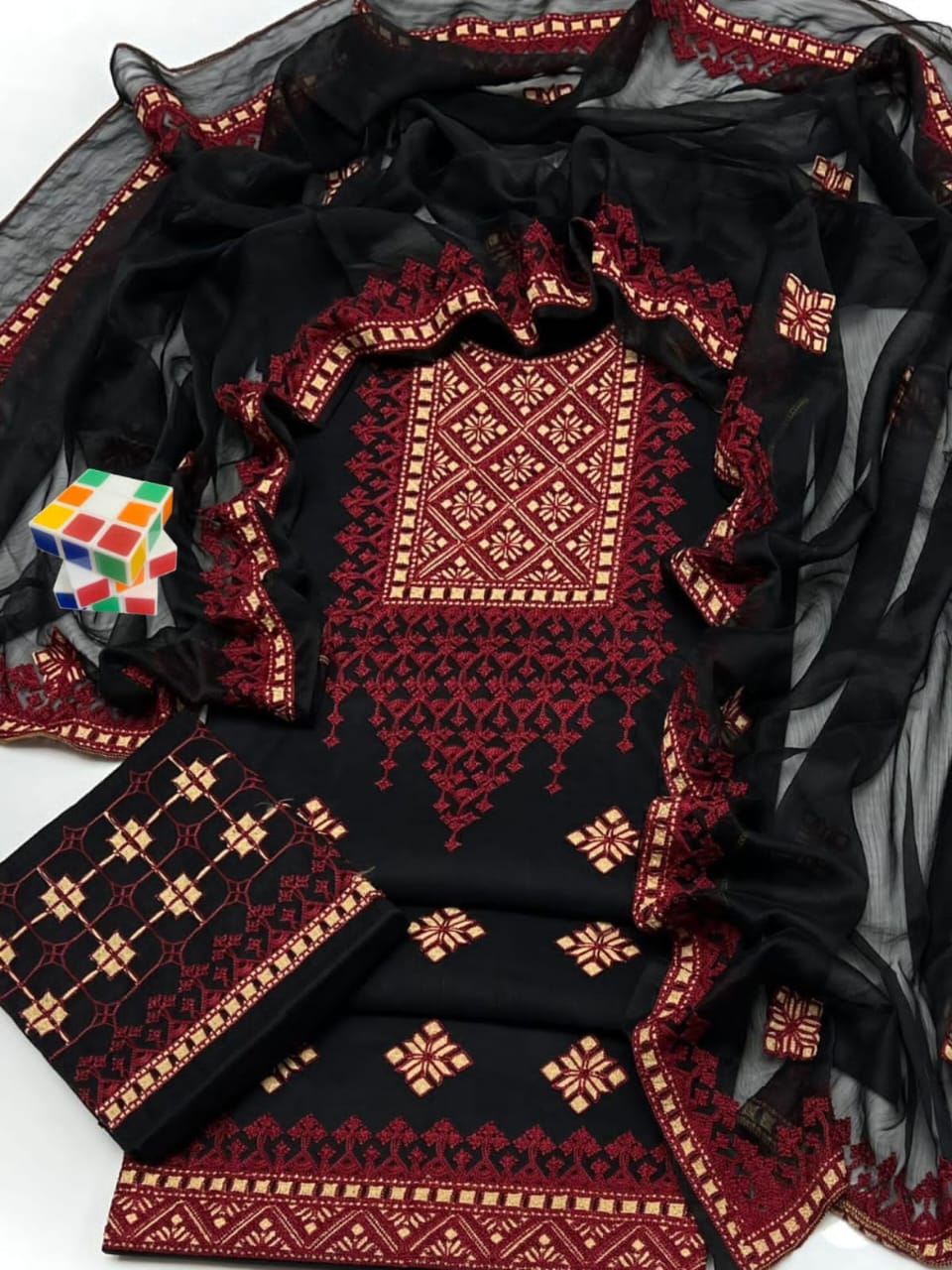 3pc suit cross stitch embroidery suit with chiffon embroidery dupatta