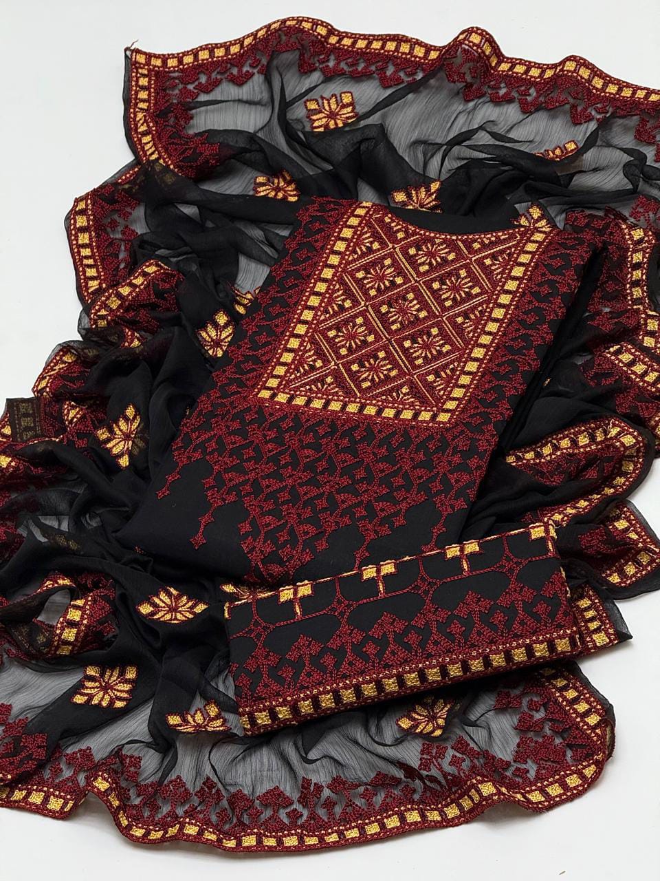 3pc suit cross stitch embroidery suit with chiffon embroidery dupatta
