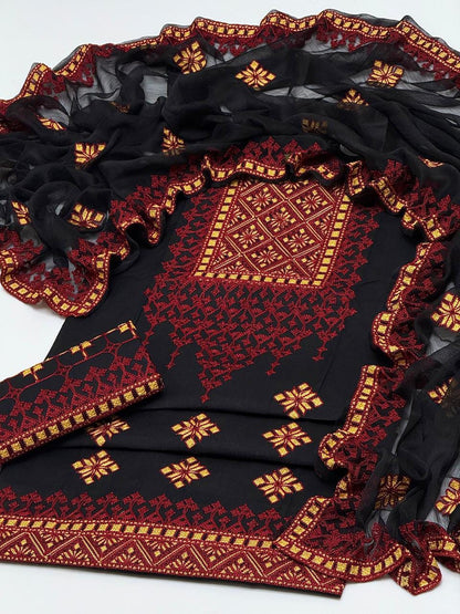 3pc suit cross stitch embroidery suit with chiffon embroidery dupatta